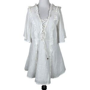 Indikah by Angel Biba White Ruffled Lace-Up Dress With Sleeves XS